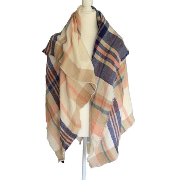 Pink Blue Blanket Scarf, Scarf Blanket, Plaid Blanket Scarf, Winter Oversized Sc - Picture 1 of 4